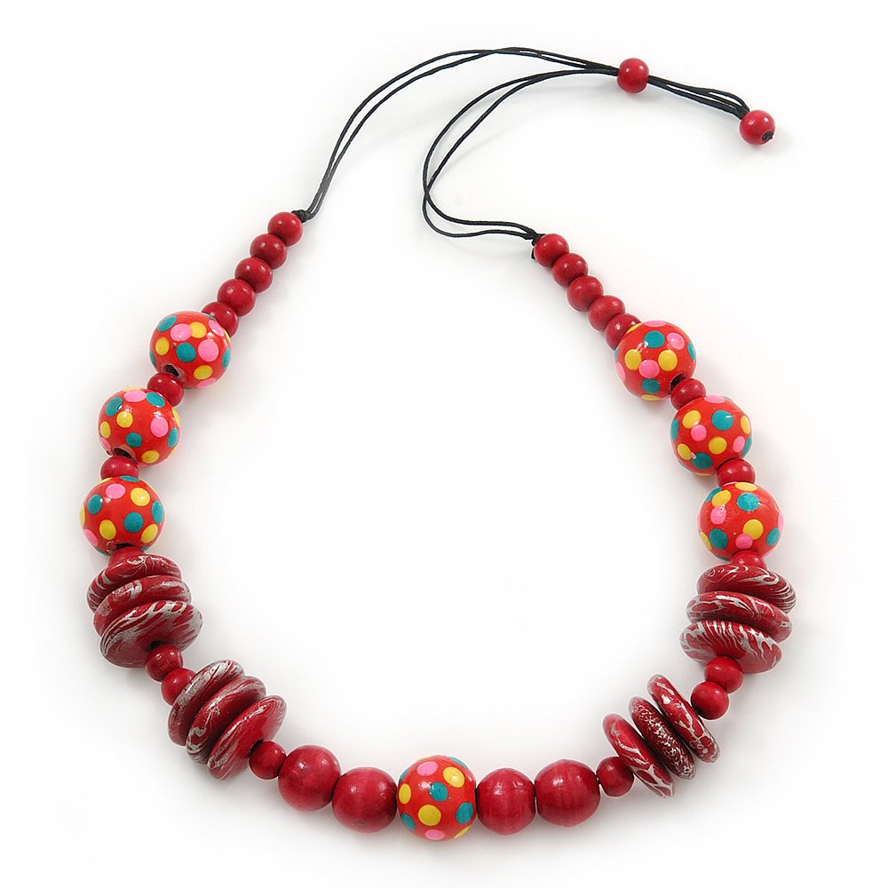 Avalaya Raspberry Pink, Crimson Wood Bead Cotton Cord Necklace - 74cm L
