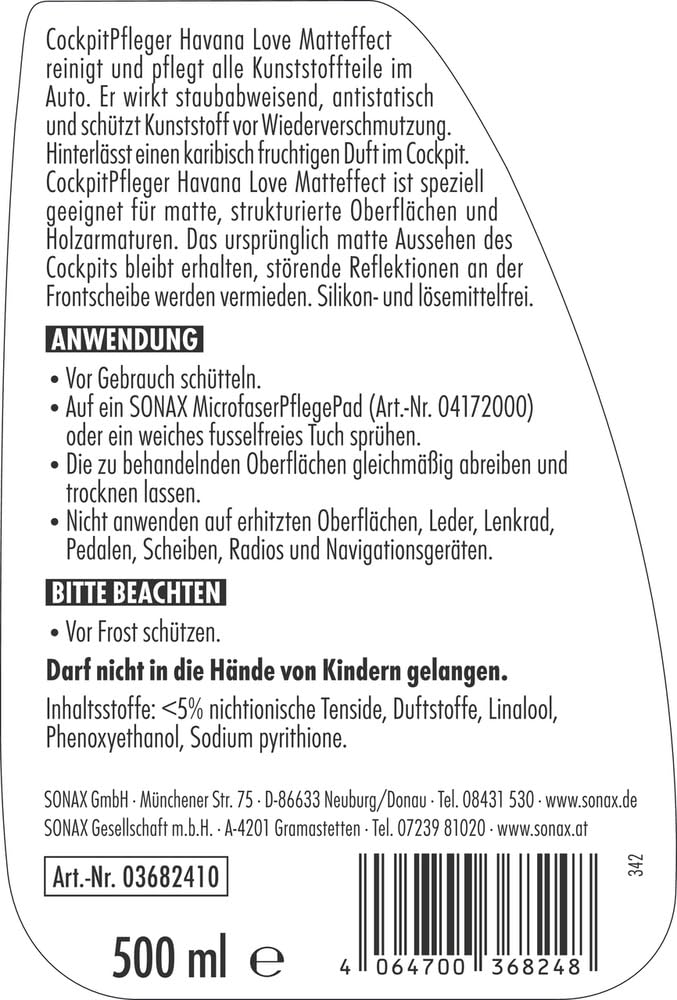 SONAX CockpitPfleger Matteffect Havana Love (500 ml) reinigt und pflegt alle Kunststoffoberflächen im Autoinnenraum | Art-Nr. 03682410 2