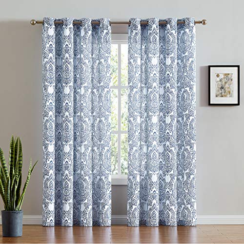 FMFUNCTEX White Blue Curtains for Living Room 72 Inch Long Vintage
