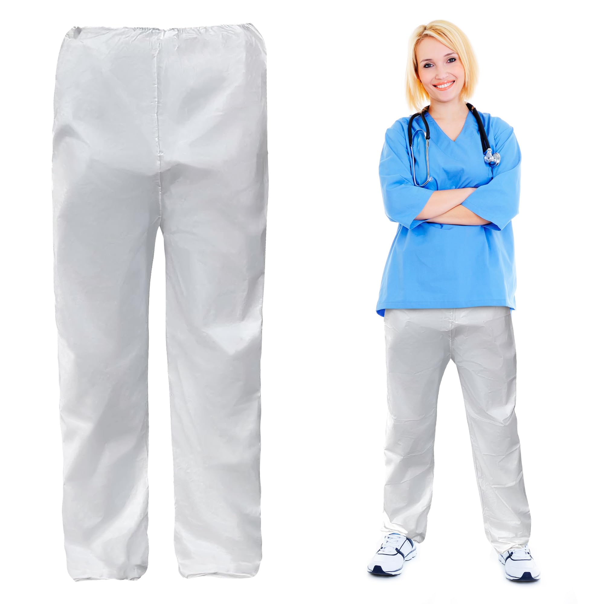Photo 1 of EZGOODZ White Disposable Scrub Pants, Large. Pack of 10 Disposable Scrubs for Women and Men. Waterproof Microporous Polypropylene Pants. Hospital Scrubs Unisex with Elastic Waist & Open Ankles