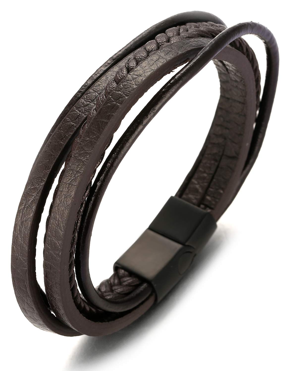 HALUKAKAH Basics ● Road Trip ● Men's Genuine Brown Leather Multilayer Bracelet Titanium Black Magnetic Clasp 8"(20.5cm) with Free Giftbox