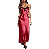 SweatyRocks Women's Sexy Nightgown Long Satin Slip Dress Lace Up Semi Sheer Contrast Lace Nightdress