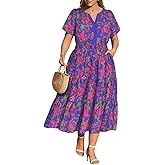 RITERA Plus Size Dresses for Curvy Women Vneck Short Sleeve Summer Floral Tiered Ruffle Maxi Dress with Pockets XL-5XL