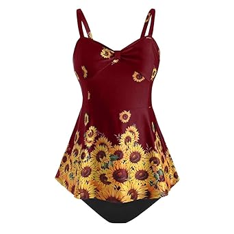 BURFLY Damen Sleeveless V-Ausschnitt Sunflower Print Push-Up Belly Badeanzug Damen Slim Wavy Beach