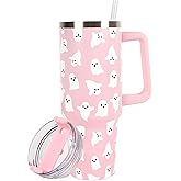 JarThenaAMCS Halloween Ghost Tumbler with Lid Straw 40 Oz Pink Cute Ghost Stainless Steel Cup with Handle Travel Coffee Tumbler for Home Office Party Classroom