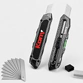 Kony Heavy-Duty Retractable Utility Knife, 18mm Snap-Off Box Cutter | 10 Extra SK5 Blades, Aluminum Body, Ruler &amp; Bubble Level, For Cardboard, Carpet, Crafts &amp; DIY