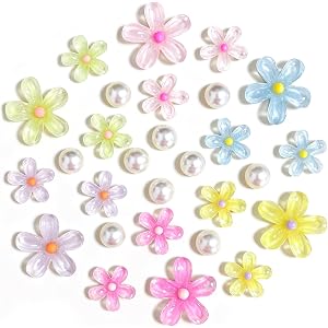Ziigole 28Pcs Colorful Flower Shoe Charms for Girls, Bling Pearl Accessories for Women, DIY Footwear Shoe Decoration Charms,