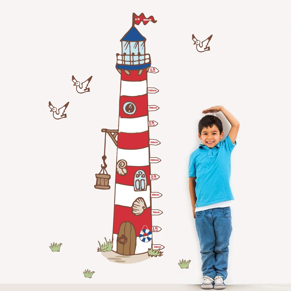 decalmile Wall Stickers Large Lighthouse Height Measurement Chart Wall Stickers Flying Seagulls Wall Decoration Children's Bedroom Living Room