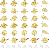 UNICRAFTALE About 30Pcs 5 Style Stud Earring Findings Golden Flower Earring Posts with Loops Alloy Flower Earring Studs with 100Pcs Plastic Ear Nuts for DIY Jewelry Making Supplies