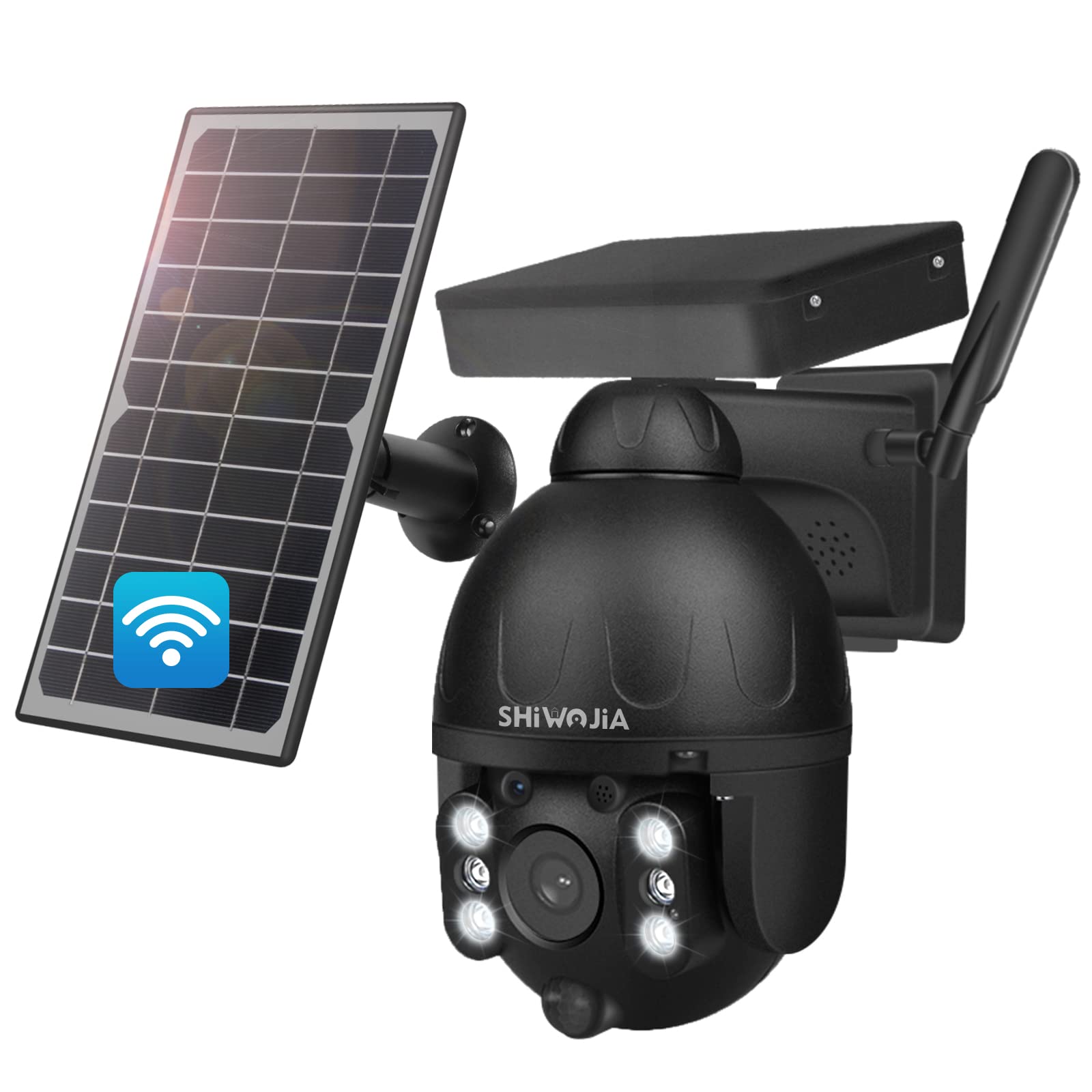 SHIWOJIA Solar Powered CCTV Camera Wireless Outdoor, 2.4GHz Wifi Camera 1080P HD Rechargeable Battery Security Camera with 2 Way Audio,Color Night Vision,IP66 Waterproof,PIR & Motion Sensor, Black