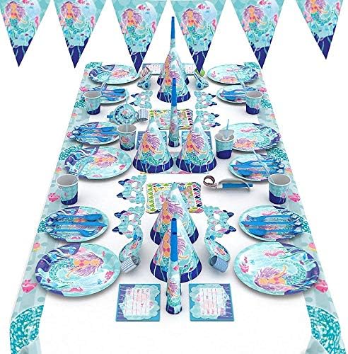 Simplefirst Mermaid Party Supplies Set, Mermaid Style Disposable Birthday Tableware Set, Including Paper Plates, Cups, Tablecloth, Cutlery , Straws, Hats, horns, masks Birthday Banner and Napkins - 85PCS
