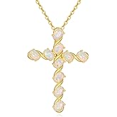 MUUYON 14k Gold Plated Genuine Opal Cross Necklace For Women, Vintage Christian Faith Cross Jewelry, 18 Inches With 2 Inches Extension
