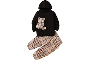 GOLLUNER Toddler Boy Clothes Outfits Plaid Bear Long Sleeve Hoodie Sweatshirt + Pants Boys Fall Winter Outfits Set