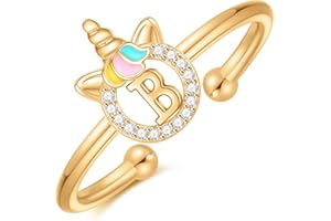 CIVOKINA Unicorn Rings for Girls, 14K Gold Plated/Rose Gold Plated/Sterling Silver Unicorn Rings for Kids Cute Initial Toddler Ring Adjustable Letter Rings for Teen Girls Gifts, Hypoallergenic, No Tarnish