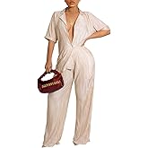 Ekaliy Women's 2 Piece Casual Pleated Outfits Short Sleeve Button Down Shirt High Waist Wide Leg Trouser Sets Suit