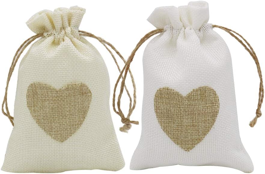 Small Burlap Heart Gift Bags with Drawstring, 20pcs Jute Cloth Favour