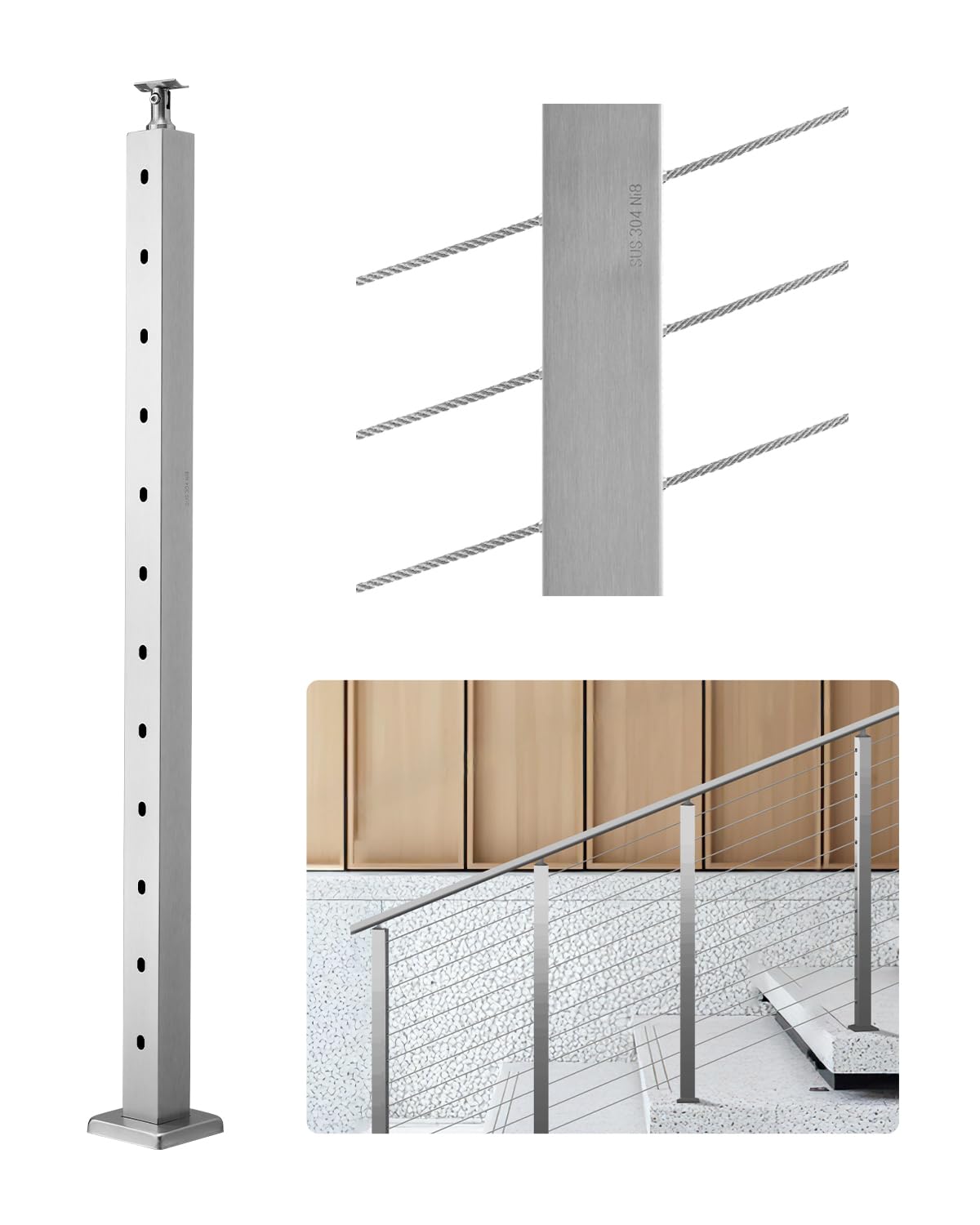 Photo 1 of **PARTIAL SET MISSING PIECES** VEVOR Cable Railing Post, 42"x2"x2" Deck Railing Post, Silver Stair Post with 30° Pre-Drilled Holes, Stainless Steel Cable Railing System Kit for Indoor Outdoor Deck Balcony,1JZLGZXYS1062TLWC001V0