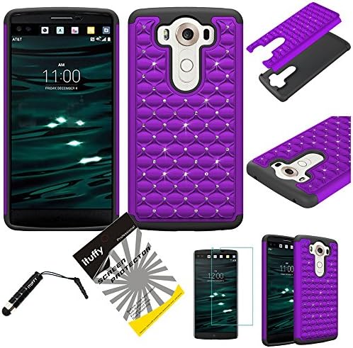 For LG V10 / ITUFFY 3items Combo: Stylus Pen + LCD Screen Protector Film + Diamond Dazzle Rubberized Hard Plastic + Soft Rubber TPU Skin Dual Layer Tough Hybrid Case (Dazzle Purple)