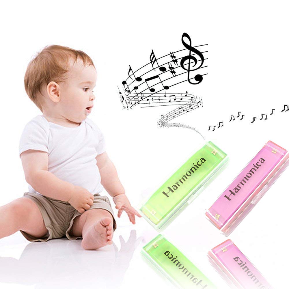 Kids Harmonica, 2 PCS Translucent Harmonica with Case 10 Holes Diatonic Bules Children Harmonica (Pink and Green)