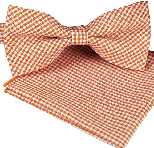 ST34 Brand New Small Plaid Cotton Mens Bow tie and Pocket square Set-Vatious Colors (BB-922(Orange))