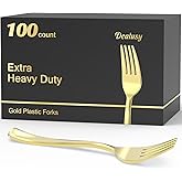 Dealusy 100 Count Heavy Duty Gold Plastic Forks Disposable, BPA-Free, Heat Resistant, Solid and Durable Premium Plastic Disposable Forks for Party Supply