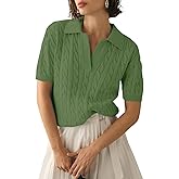 Women's Short Sleeve Sweaters V Neck Pullover Summer Tops Casual Solid Lapel Shirts Cable Knit Sweater