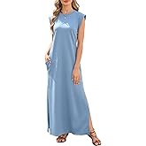 Enaisyl Maxi Dresses for Women Round Neck Loose Casual Maxi Sundresses with Sleeves Casual Summer Split Dress with Pockets Denim Blue