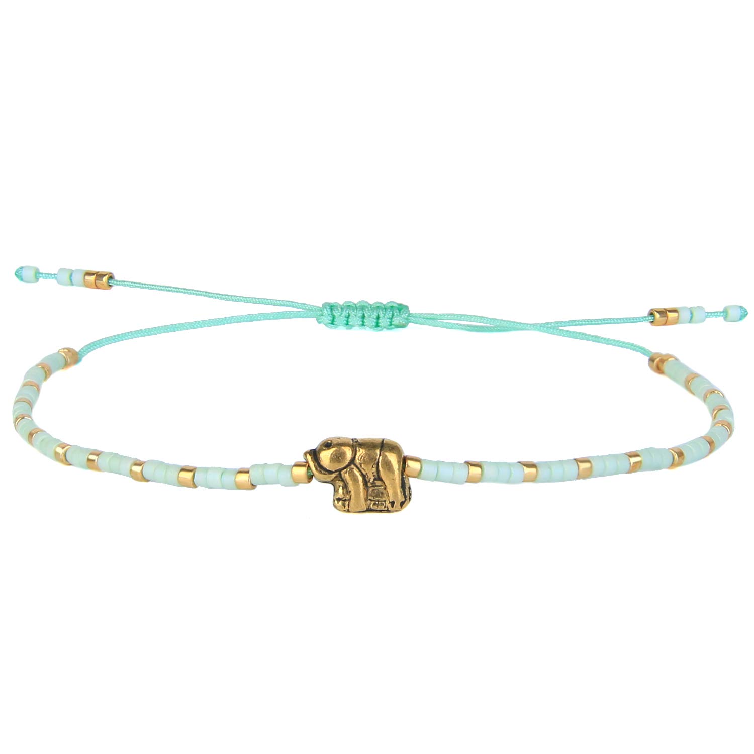 KELITCH Seed Beaded Bracelet Good Fortune Gold Elephant Bracelets Handmade Adjustable Jewelry (Light Green 8D)