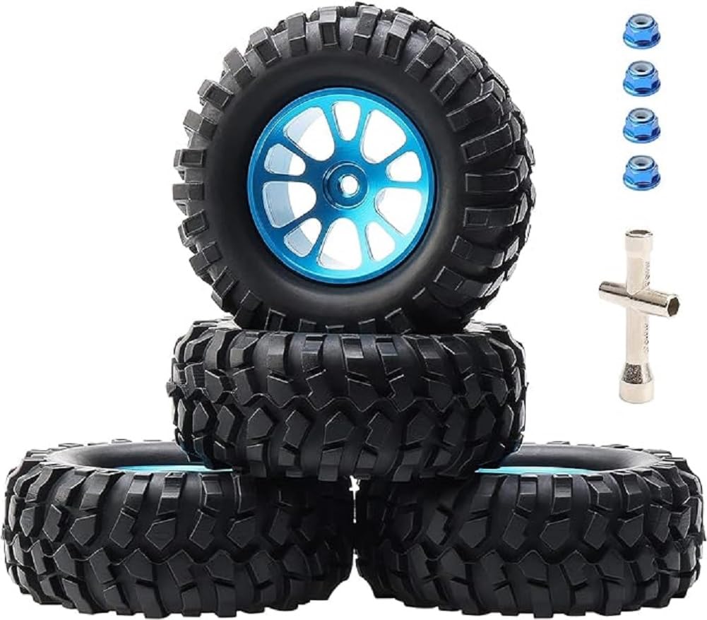 Rowiz 4Pcs 1/10 1/12 Off Road RC Wheels with Tires and Rims Spare Replacement Parts Accessory Foam Inserts 12mm Hex Hub Width 1.45" (37mm) OD 3.77"(96mm), Blue
