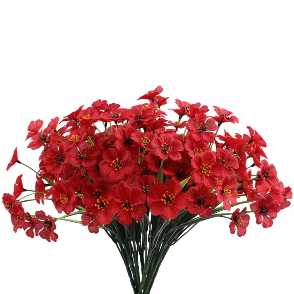 CURTEK 12 Bundles Artificial Flowers Outdoor,UV Resistant Fake Flowers No Fade Faux Plants Arrangement for Indoor Outdoors Garden Porch Window Box Home Wedding Farmhouse Decor,Red