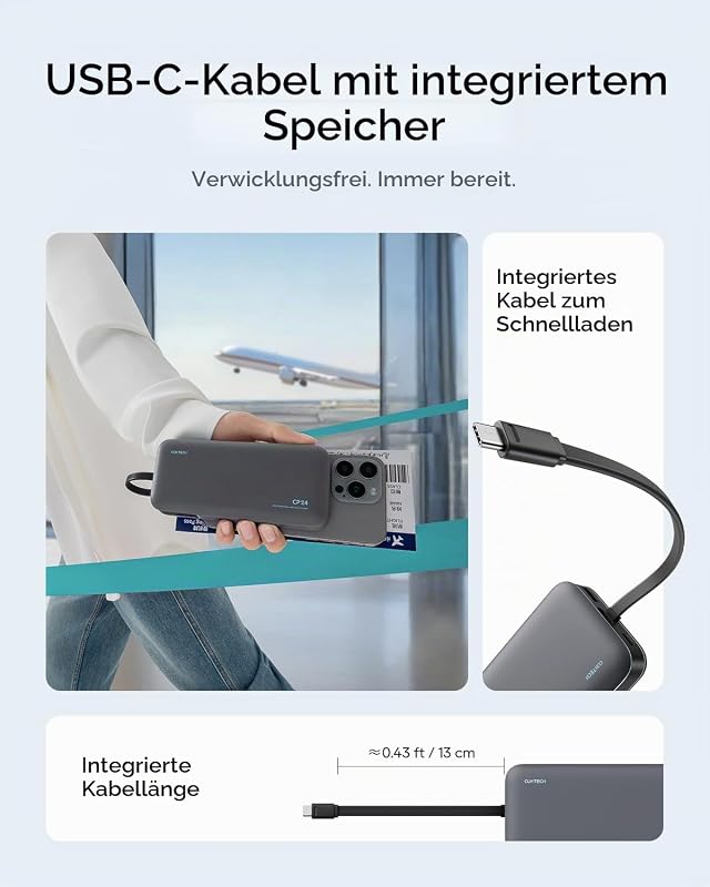 CP24 20000 mAh Powerbank mit Integriertem USB-C-Kabel, 40W PD Schnellladung Power Bank mit 3 Anschlüssen Digitales Display für iPhone 17/16, Samsung S26/S25, iPad Pro, MacBook Air