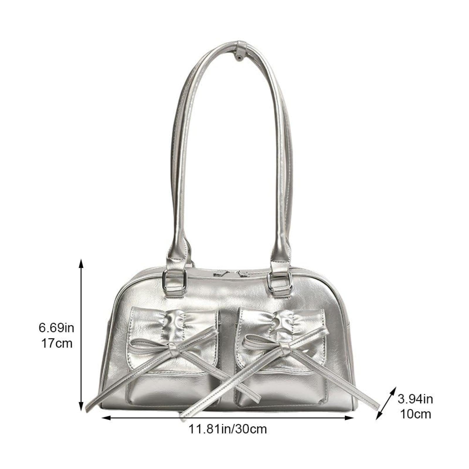 Y2K Women's PU Leather Handbag, Bowknot, Cute, Shoulder Bag, Handbag, Lightweight, Stylish, Silver