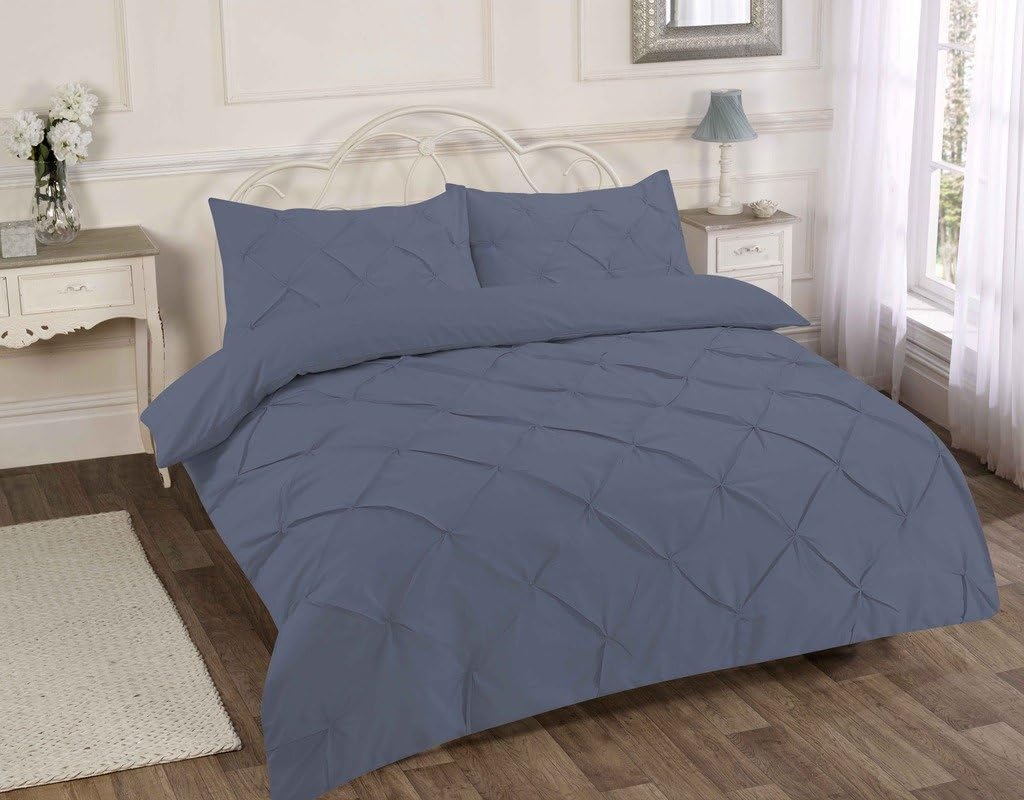Duvet Cover Set Plain Pintuck Polycotton Bedding (Grey, Double)