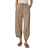 grewley Womens Barrel Harem Linen Pants Wide Leg Pants Baggy Palazzo Drawstring Elastic Waist with Pockets Beach