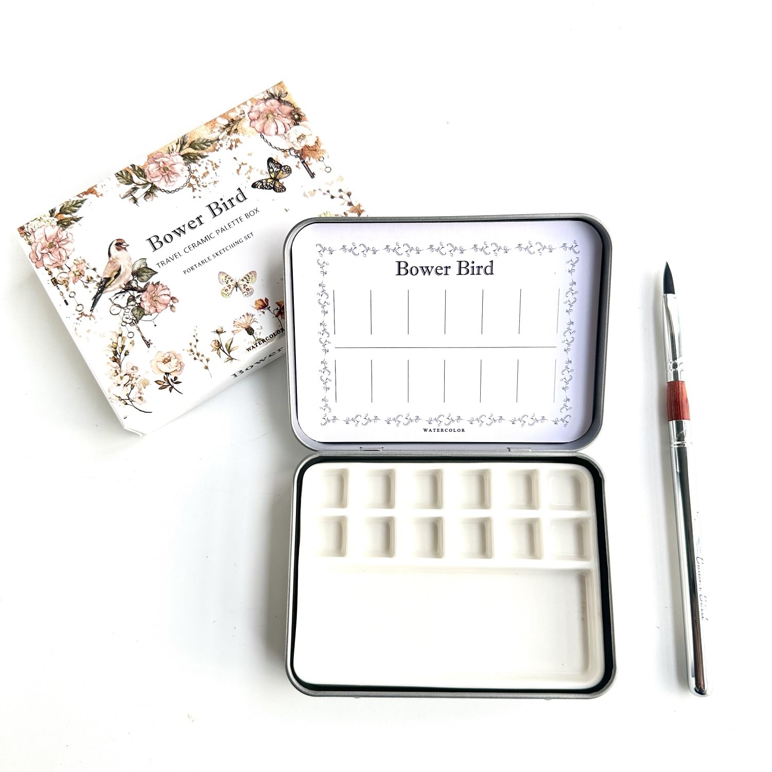 Photo 1 of Bower Bird Travel Watercolor Palette,Portable Ceramic Palette 12 Well,Empty Paint Palette,Small Travel Metal Paint Boxwith Porcelain Palette (12Well Set)