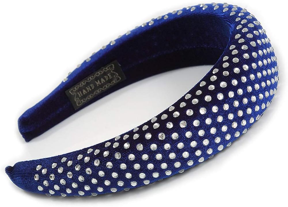 Retro Thicken Padded Velvet Diamante Wide Chunky Hair Band/HeadBand/Alice Band in Blue