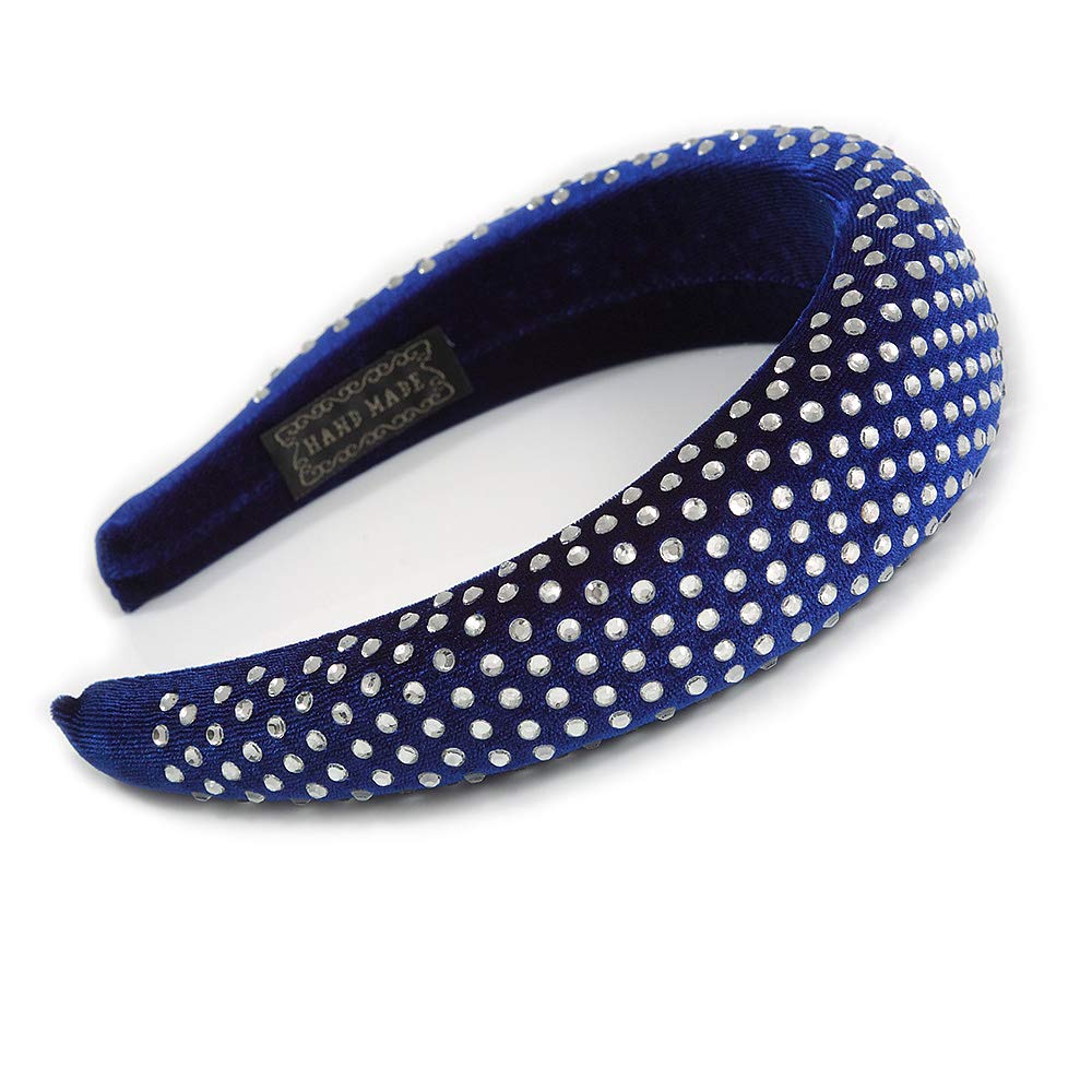 Retro Thicken Padded Velvet Diamante Wide Chunky Hair Band/HeadBand/Alice Band in Blue
