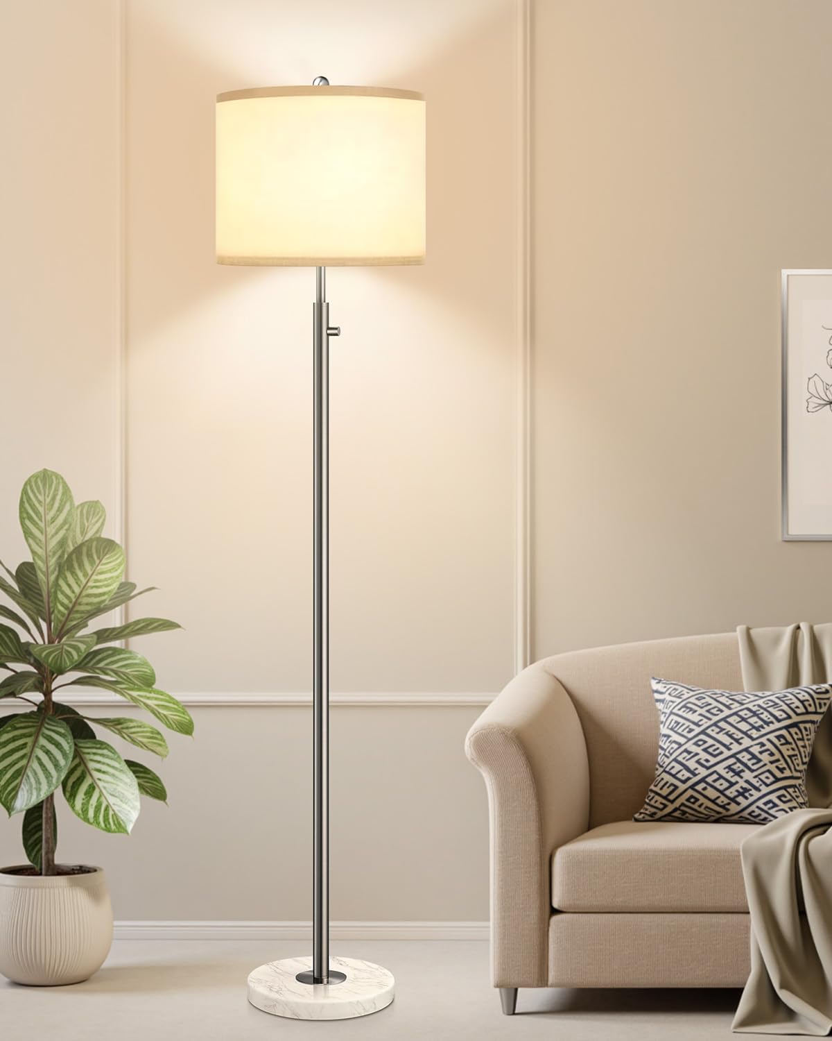 Photo 1 of ?Upgraded? Dimmable Floor Lamp for Living Room, 11W LED Bulb Included, Modern Standing Lamp with Marble Base, Tall Pole Light with Linen Shade for Bedroom Reading Office Corner Nursery-Brushed Nickel