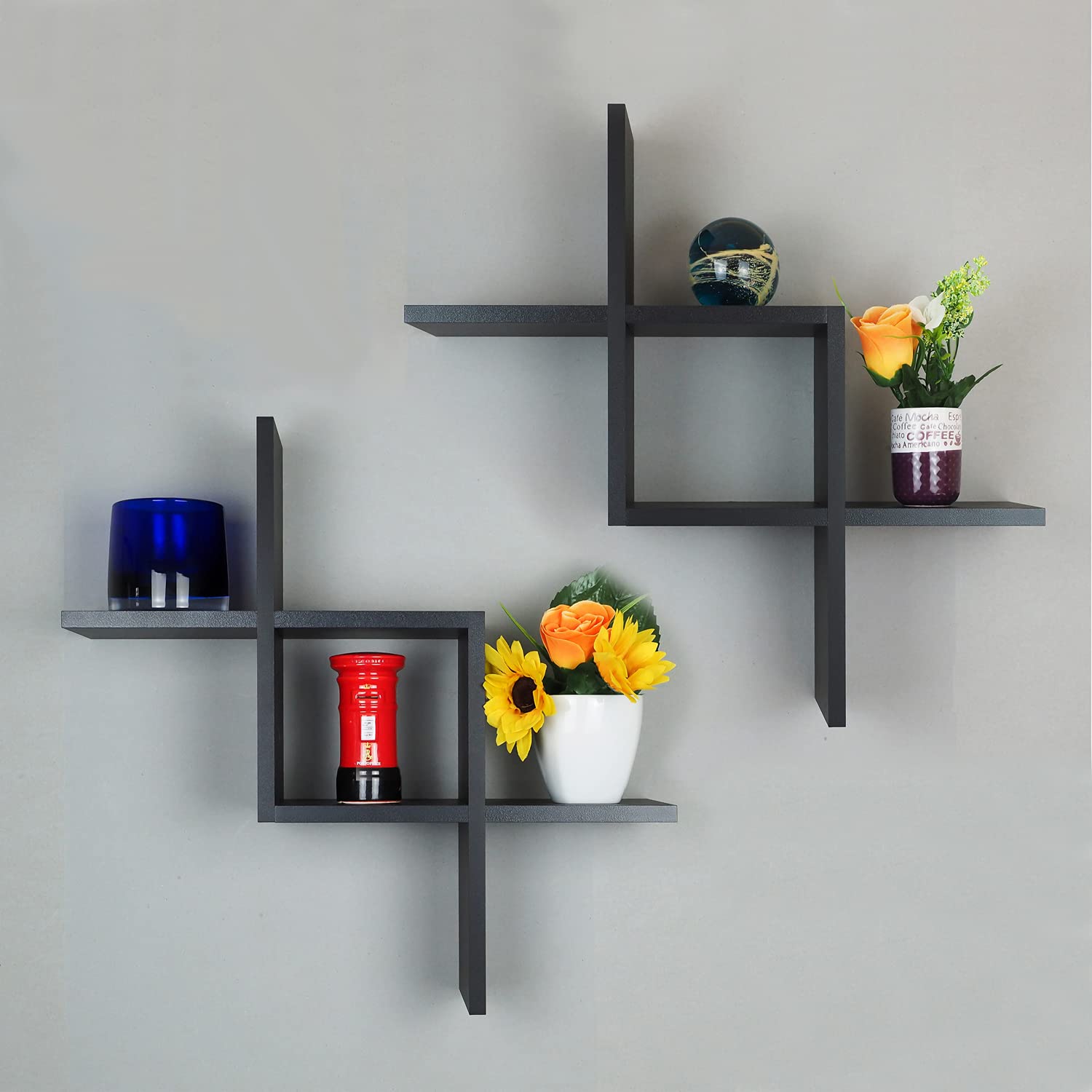 Gatton Design Floating Shelves | Black | Wall Mounted Criss Cross Design | Shelves for Wall | Wall Shelves for Bedroom, Living Room, Bathroom & Kitchen | Floating Shelf | Preassembled Decor Wall Shelf