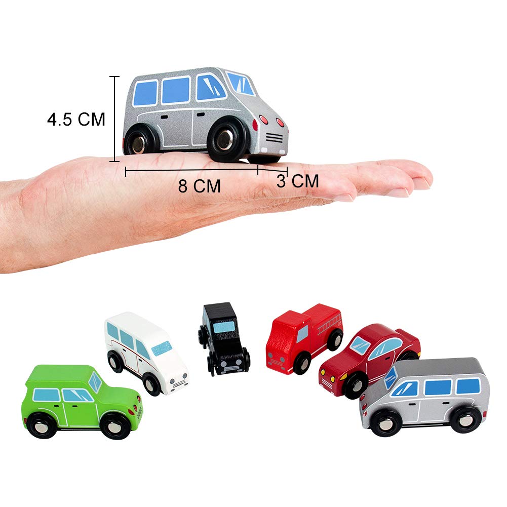 Jerryvon Wooden Car Toys Pull Mini Vehicles Set Smooth & Bright Color Great Travel Kid Toy Gift for Baby Toddlers