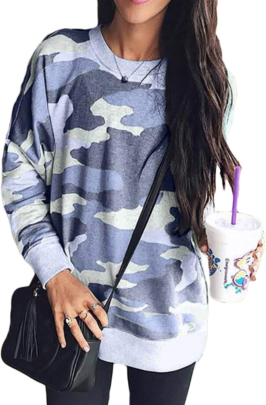 Shawhuwa Sweatshirts for Women Loose Camo Shirts Long Sleeve Pullover Loose T-Shirt Blouses Tops