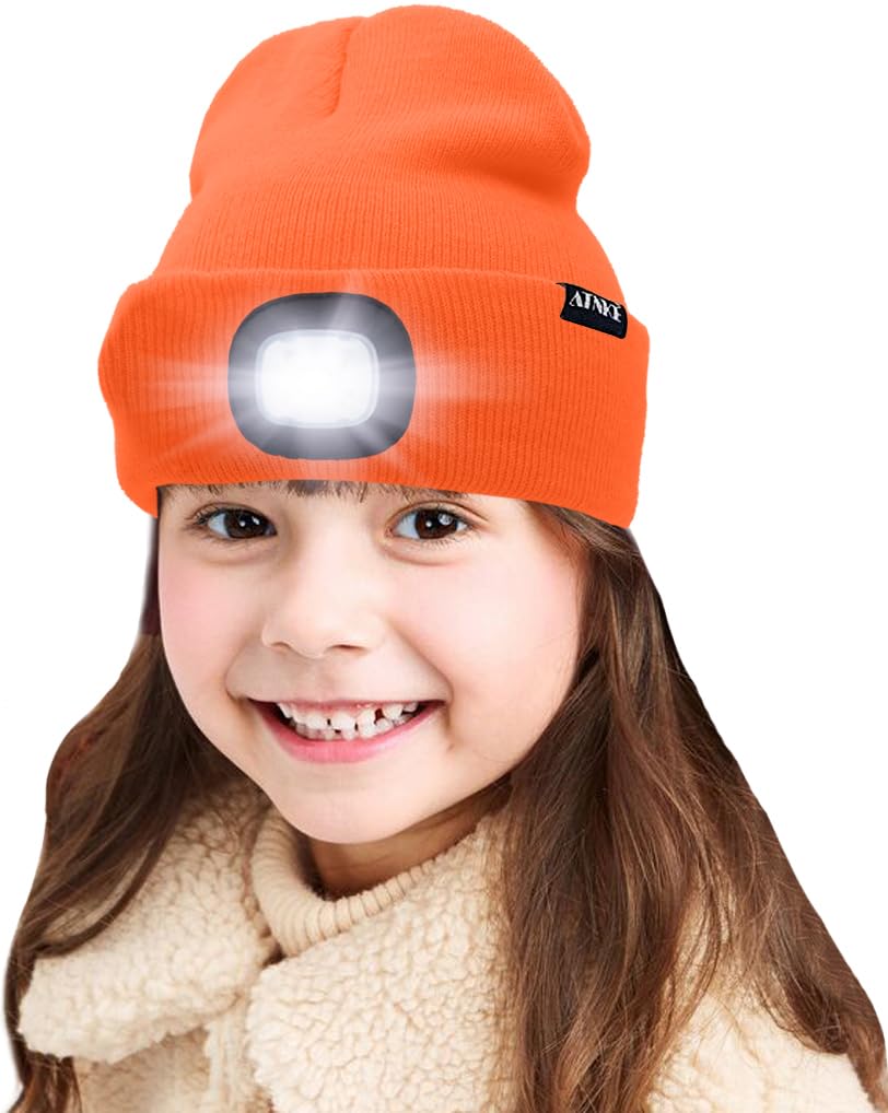 ATNKE Kids LED Lighted Beanie Cap, USB Rechargeable 4 LED Headlamp Waterproof Winter Warmer Knit Night Hats with Light for Boys Girls/Orange