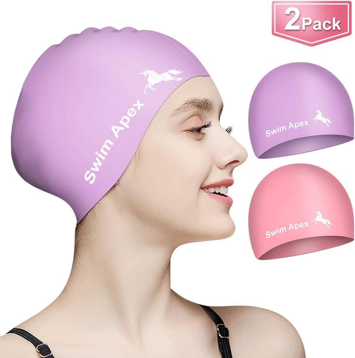 Swim Apex Swim Caps for Long Hair (2 Pack), Durable Silicone Swimming Caps for Women Men Adults Youths Kids, Easy to Put On and Off, Cover Ears