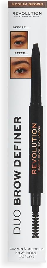 Makeup Revolution Duo Brow Definer Pencil Medium Brown with Brush Cruelty Free view 1