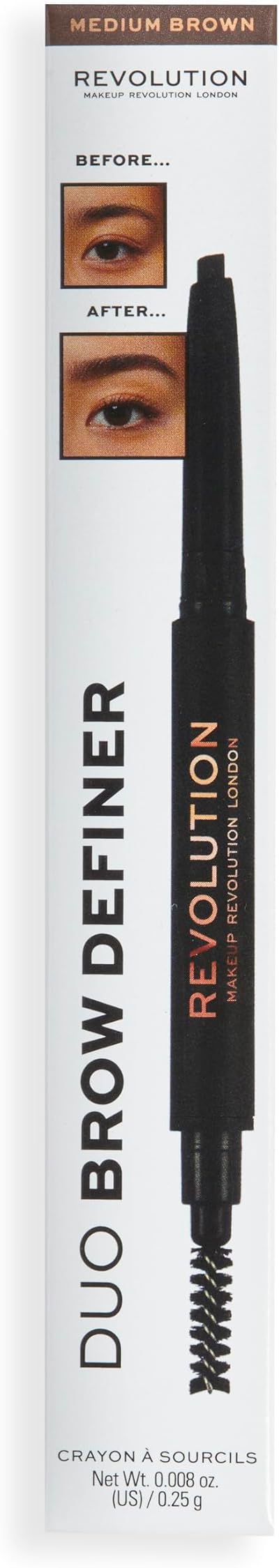 Makeup Revolution Duo Brow Definer Pencil Medium Brown with Brush Cruelty Free