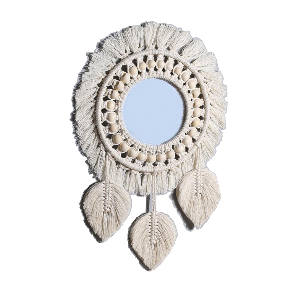 Tiardey Hanging Wall Mirror with Boho Fringe Round Decorative Mirror for Apartment Living Room Bedroom Home Decor-Leaf style