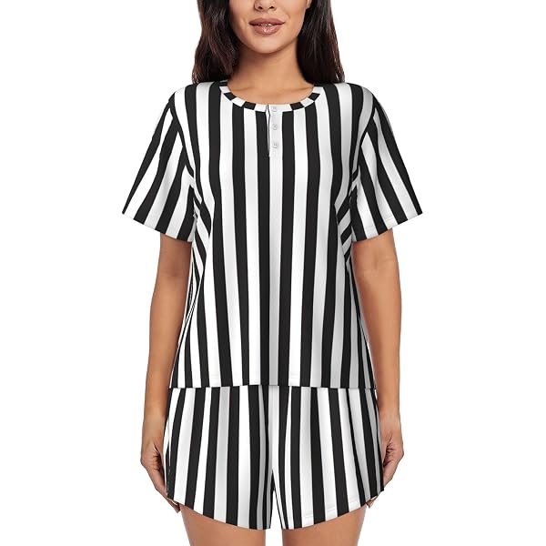 Lu's Chic Women's Short Sleeve Pajama Set - Striped Top & Shorts, Soft Lounge Set, Black, Large