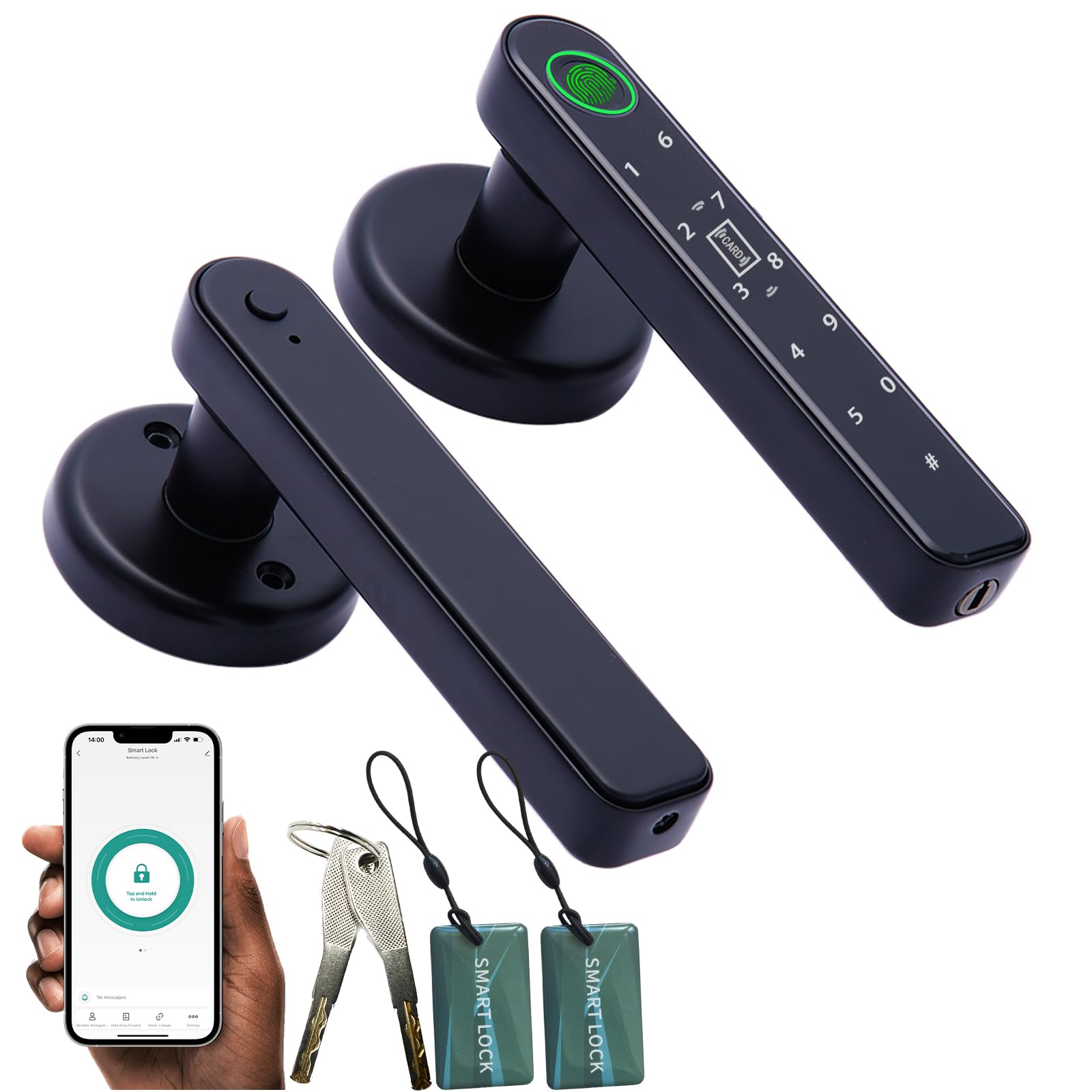 5 in 1 Smart Fingerprint Door Lock, Automatic Smart Door Handle with APP Control/Fingerprint/IC Cards/Password/Backup Keys, Electronic Digital Locks Suit for Bedroom, Office, Apartment, Black