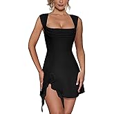 Aisbei Women's Sexy Square Neck Dress Sleeveless Elegant Ruffle Side Slit A Line Party Club Mini Dress