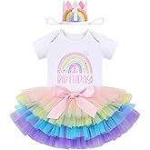 ODASDO Baby Girl Boho Rainbow 1st 2nd Birthday Cake Smash Outfit Romper Tutu Skirt Headband 3pcs Set Photo Props